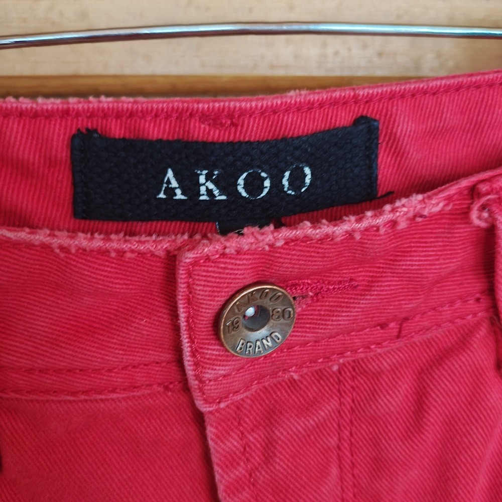 Akoo red cotton denim jeans size 34 32" inseam [Needs Cleaning] Button Fly - Picture 2 of 9